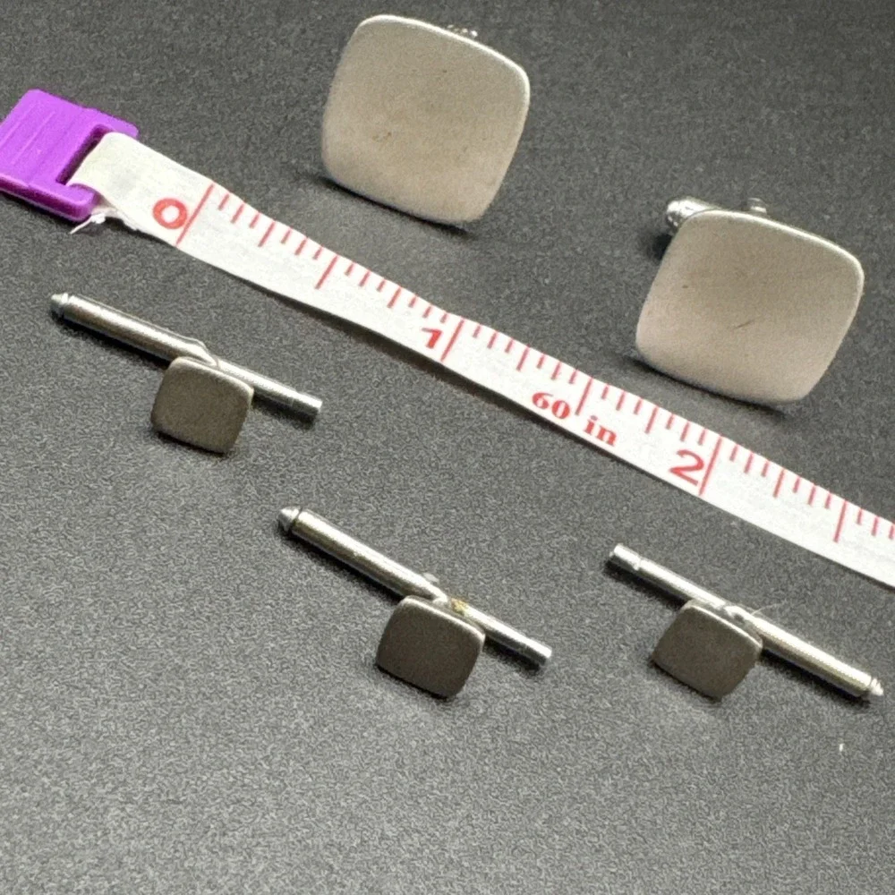 Vintage Silver Satin Cufflinks Button‎ Stud Set